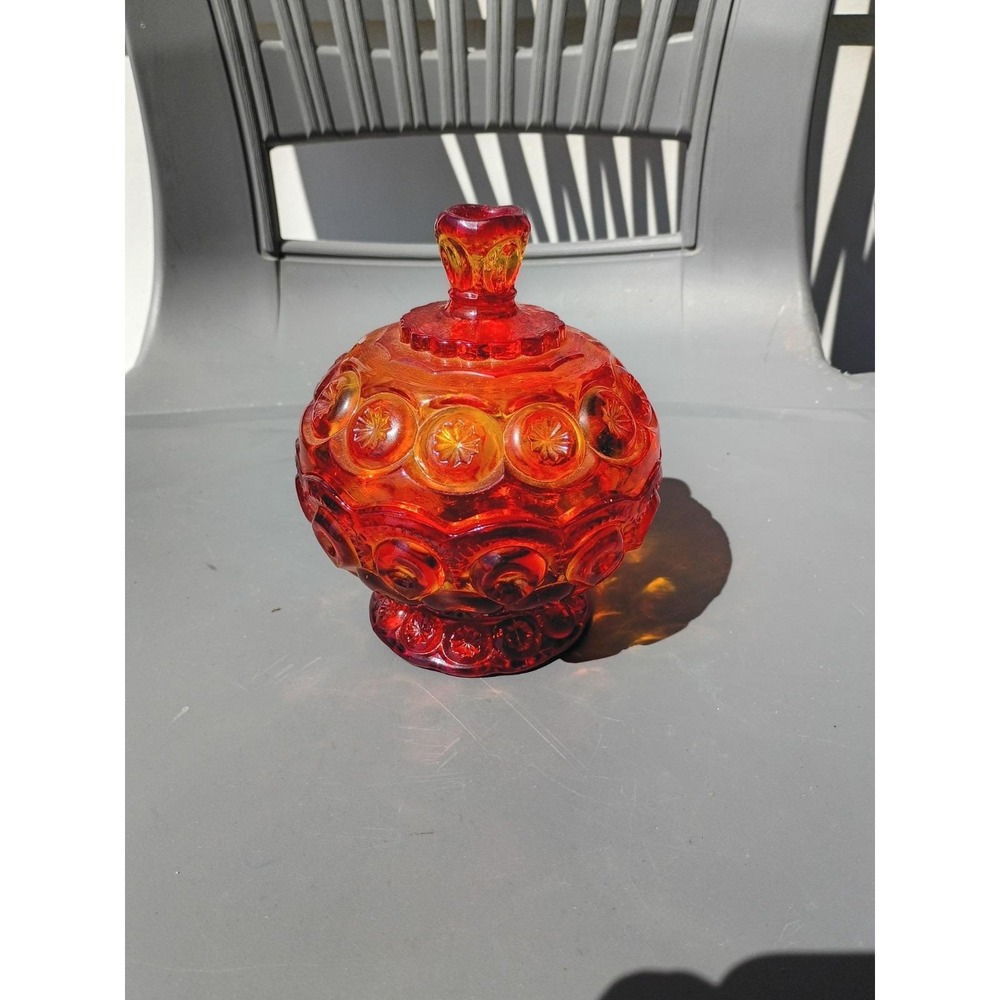 Le Smith Moon & Stars Ruby Red Amberina Glass Candy Jar Dish Cadmium Glow 5"